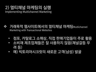 거래목적 웹사이트에서의 멀티채널 마케팅Multichannel
Marketing with Transactional Websites
• 점포, 카탈로그 소매상, 직접 판매기업들이 주로 활용
• 소비재 제조업체들은 잘 사용하지 않음(채널갈등 우
려 등)
• 예) 빅토리아시크릿의 새로운 고객(남성) 발굴
2) 멀티채널 마케팅의 실행
Implementing Multichannel Marketing
 