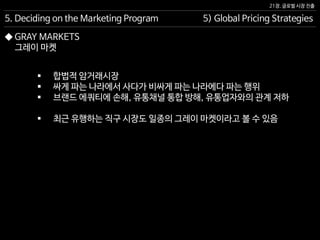 21장. 글로벌 시장 진출
◆ GRAY MARKETS
그레이 마켓
5. Deciding on the Marketing Program 5) Global Pricing Strategies
 합법적 암거래시장
 싸게 파는 나라에서 사다가 비싸게 파는 나라에다 파는 행위
 브랜드 에쿼티에 손해, 유통채널 통합 방해, 유통업자와의 관계 저하
 최근 유행하는 직구 시장도 일종의 그레이 마켓이라고 볼 수 있음
 
