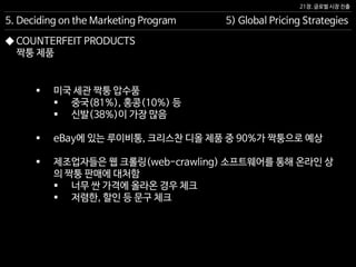 21장. 글로벌 시장 진출
◆ COUNTERFEIT PRODUCTS
짝퉁 제품
5. Deciding on the Marketing Program 5) Global Pricing Strategies
 미국 세관 짝퉁 압수품
 중국(81%), 홍콩(10%) 등
 신발(38%)이 가장 많음
 eBay에 있는 루이비통, 크리스찬 디올 제품 중 90%가 짝퉁으로 예상
 제조업자들은 웹 크롤링(web-crawling) 소프트웨어를 통해 온라인 상
의 짝퉁 판매에 대처함
 너무 싼 가격에 올라온 경우 체크
 저렴한, 할인 등 문구 체크
 