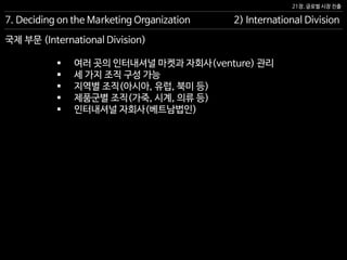 21장. 글로벌 시장 진출
국제 부문 (International Division)
7. Deciding on the Marketing Organization 2) International Division
 여러 곳의 인터내셔널 마켓과 자회사(venture) 관리
 세 가지 조직 구성 가능
 지역별 조직(아시아, 유럽, 북미 등)
 제품군별 조직(가죽, 시계, 의류 등)
 인터내셔널 자회사(베트남법인)
 