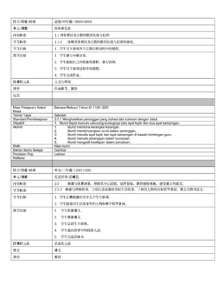 科目/班级/时间 道德/四年级/ 0840-0940
元单 /课题 快 礼乐讲 仪
内容 准标 1.1 尊重 居各宗教的膜拜礼 与信邻 仪 仰
学 准习标 1.1.4 体 尊重 居各宗教的膜拜礼 与信仰的 度。现 邻 仪 态
学 目习 标 1. 学生写下 各个宗教信仰 程中的感想。访问 过
教学活动 1. 学生 行小 。进 组讨论
2. 学生根据自己所收集的 料， 行 。资 进 访问
3. 学生写下 程中的感想。访问过
4. 学生完成作 。业
跨 程元素课 人文与 境环
价评 作 、 察业练习 观
反思
Mata Pelajaran/ Kelas/
Masa
Bahasa Melayu/ Tahun 6/ 1100-1200
Tema/ Tajuk Sekolah
Standard Pembelajaran 3.7.1 Menghasilkan perenggan yang kohesi dan koheran dengan betul.
Objektif 1. Murid dapat menulis sekurang-kurangnya satu ayat topik dan dua ayat sampingan.
Aktiviti 1. Murid membina kerangka karangan.
2. Murid membincangkan isi-isi dalam perenggan.
3. Murid menulis ayat topik dan ayat sampingan di bawah bimbingan guru.
4. Murid menulis perenggan dalam kumpulan.
5. Murid mengedit kesilapan dalam penulisan.
EMK Nilai murni
Bahan Bantu Belajar Gambar
Penilaian Pdp Latihan
Refleksi
科目/班级/时间 文华 /三年级/1200-1300
元单 /课题 花花世界/花 笆篱
内容 准标 2.5 与欣 歌，理解其中心思想，展 想象， 得感情体 ，感受 言的 美。阅读 赏诗 开 获 验 语 优
学 准习标 2.5.3 与理解故事，主要注意成 故事和生活故事。了解其人物角色和情 展， 会其教育意 。阅读 语 节发 领 义
学 目习 标 1. 学生正 地 出至少五个生字新 。确 读 词
2. 学生能 出生活故事里的人物和 个情 展。说 两 节发
教学活动 1. 学生默 文。读课
2. 学生 文。领读课
3. 学生 生字新 。认识 词
4. 学生 出故事中的段落大意。说
5. 学生完成活 本。动
跨 程元素课 企 化元素业
教具 文课
价评 察观
 
