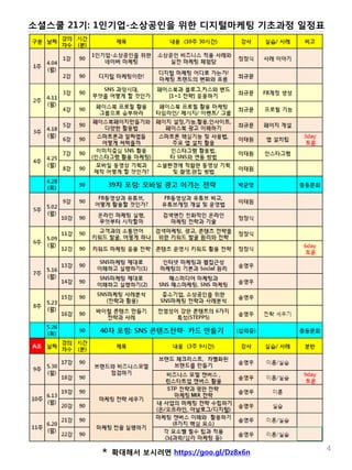 4* 확대해서 보시려면 https://goo.gl/Dz8x6n
소셜스쿨 21기: 1인기업-소상공인을 위한 디지털마케팅 기초과정 일정표
 