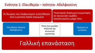 Ενότητα 1: Ελευθερία – Ισότητα- Αδελφοσύνη
Γαλλική επανάσταση
Οι θεωρίες του διαφωτισμού συζητήθηκαν
από ευρύτατα λαϊκά στρώματα
Εξαίρεση οι
γυναίκες
Ελευθερία Ισότητα
Αδελφοσύνη
Υποστήριξε δικαίωμα συμμετοχής
σε κοινωνικές ομάδες
αποκλεισμένες μέχρι τότε.
Ήταν ένα μεγάλο
πολιτικό και
κοινωνικό
εργαστήρι
 