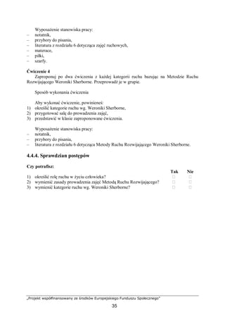„Projekt współfinansowany ze środków Europejskiego Funduszu Społecznego”
35
Wyposażenie stanowiska pracy:
– notatnik,
– przybory do pisania,
– literatura z rozdziału 6 dotycząca zajęć ruchowych,
– materace,
– piłki,
– szarfy.
Ćwiczenie 4
Zaproponuj po dwa ćwiczenia z każdej kategorii ruchu bazując na Metodzie Ruchu
Rozwijającego Weroniki Sherborne. Przeprowadź je w grupie.
Sposób wykonania ćwiczenia
Aby wykonać ćwiczenie, powinieneś:
1) określić kategorie ruchu wg. Weroniki Sherborne,
2) przygotować salę do prowadzenia zajęć,
3) przedstawić w klasie zaproponowane ćwiczenia.
Wyposażenie stanowiska pracy:
– notatnik,
– przybory do pisania,
– literatura z rozdziału 6 dotycząca Metody Ruchu Rozwijającego Weroniki Sherborne.
4.4.4. Sprawdzian postępów
Czy potrafisz:
Tak Nie
1) określić rolę ruchu w życiu człowieka? ⁬ ⁬
2) wymienić zasady prowadzenia zajęć Metodą Ruchu Rozwijającego? ⁬ ⁬
3) wymienić kategorie ruchu wg. Weroniki Sherborne? ⁬ ⁬
 