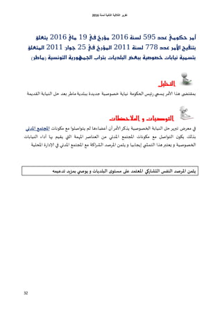 ‫اٌثبٔ١خ‬ ‫اٌثالث١خ‬ ‫رمط٠ط‬‫ٌسٕخ‬6106
32
‫عذد‬ َٞٛ‫حه‬ ‫أَر‬595١ٓ‫يص‬2116‫يف‬ ‫َؤرخ‬19ٟ‫َا‬2116‫ٜتعًل‬
‫عذد‬ ‫األَر‬ ‫بتٓكٝح‬778١ٓ‫يص‬2111‫يف‬ ‫املؤرخ‬25ٕ‫جٛا‬2111‫املتعًل‬
‫(َاطر‬ ١ٝ‫ايتْٛص‬ ١ٜ‫اجلُٗٛر‬ ‫برتاب‬ ‫ايبًذٜات‬ ‫ببعض‬ ١ٝ‫خصٛص‬ ‫ْٝابات‬ ١ُٝ‫بتص‬)
‫التحليل‬
‫اللضًمت‬ ‫الىُابت‬ ‫خل‬ ‫بلض‬ ‫ماػغ‬‫ببلضًت‬ ‫ظضًضة‬ ‫زصوصُت‬ ‫هُاًت‬ ‫الحيومت‬ ‫تِـ‬‫ع‬ ‫ٌؿمي‬ ‫ألامغ‬ ‫هظا‬ ‫بملخطلى‬
‫املالحظات‬ ‫و‬ ‫التوصيات‬
‫م‬ ‫ا‬‫و‬‫اصل‬‫و‬‫ًخ‬ ‫لم‬ ‫أكظاءها‬ ‫أن‬‫ألامغ‬‫ًظهغ‬ ‫الخصوصُت‬ ‫الىُابت‬ ‫خل‬‫جبرًغ‬ ‫ملغض‬ ‫في‬‫ميوهاث‬ ‫م‬‫املذني‬ ‫ؼ‬ ‫املجح‬
‫ا‬ ‫اإلاجخمم‬ ‫ميوهاث‬ ‫مم‬ ‫اصل‬‫و‬‫الخ‬ ‫ن‬‫ًيو‬ ً‫بظل‬‫الىُاباث‬ ‫دصاء‬ ‫بها‬ ‫ًلُم‬ ‫التي‬ ‫اإلاهمت‬ ‫اللىاصغ‬ ً‫م‬ ‫إلاضوي‬
ُ‫اًجاب‬ ‫الخمشلي‬ ‫هظا‬‫ٌلخبر‬ ‫و‬ ‫الخصوصُت‬‫ا‬‫اإلادلُت‬ ‫ة‬‫ع‬‫ؤلاصا‬ ‫في‬ ‫اإلاضوي‬ ‫اإلاجخمم‬ ‫مم‬ ‫اهت‬‫غ‬‫الش‬ ‫اإلاغصض‬ ً‫ًشم‬ ‫و‬
‫ه‬ ‫ثذغي‬ ‫ضيذ‬ ‫د‬ ‫ي‬ ‫أىص‬ ‫و‬ ‫البلذأات‬ ‫ي‬‫مسحى‬ ‫غل‬ ‫ذ‬ ‫املػح‬ ‫الخشاسوي‬ ‫النيس‬ ‫املشصذ‬ ‫ن‬ ‫أث‬
 