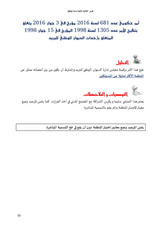 ‫اٌثبٔ١خ‬ ‫اٌثالث١خ‬ ‫رمط٠ط‬‫ٌسٕخ‬6106
33
‫عذد‬ َٞٛ‫حه‬ ‫أَر‬681‫ي‬١ٓ‫ص‬2116‫يف‬ ‫َؤرخ‬3ٕ‫جٛا‬2116‫ٜتعًل‬
‫عذد‬ ‫األَر‬ ‫بتٓكٝح‬1315١ٓ‫يص‬1998‫يف‬ ‫املؤرخ‬15ٕ‫جٛا‬1998
‫يًربٜذ‬ ‫ايٛطين‬ ٕ‫ايذٜٛا‬ ‫بإحذاث‬ ‫املتعًل‬
‫التحليل‬
ً‫ك‬ ‫ممشل‬ ‫أكظات‬ ‫بين‬ ً‫م‬ ‫ن‬‫ًيو‬ ‫أن‬ ‫اشحرغ‬‫و‬ ‫للبرًض‬ ‫الوػجي‬ ‫ان‬‫و‬ً‫الض‬ ‫ة‬‫ع‬‫اصا‬ ‫مجلـ‬ ‫جغهُبت‬‫ألامغ‬ ‫هظا‬ ‫هلذ‬
‫غن‬ ‫ثيال‬ ‫ث‬ ‫ألاهثر‬ ‫ة‬ ‫املنظ‬‫املستهلىي‬
‫املالحظات‬ ‫و‬ ‫التوصيات‬
‫وطم‬ ‫اإلاغصض‬ ً‫ًشم‬ ‫هما‬ ‫اث‬‫ع‬‫ا‬‫غ‬‫الل‬ ‫أزظ‬ ‫في‬ ‫اإلاضوي‬ ‫اإلاجخمم‬ ‫مم‬ ‫اهت‬‫غ‬‫الش‬ ‫ًىغؽ‬‫و‬ ‫ؾلُما‬ ‫الخمشلي‬ ‫هظا‬‫ٌلخبر‬
‫اإلاباشغة‬ ‫بالدؿمُت‬ ‫ًلم‬ ‫لم‬‫و‬ ‫اإلاىـمت‬‫إلزخُاع‬‫ملُاع‬
‫في‬ ‫ألؼ‬ ‫ؤ‬ ‫دو‬ ‫ة‬ ‫املنظ‬‫إخحياس‬‫مػاأير‬ ‫ؼ‬ ‫و‬ ‫املشصذ‬ ‫ن‬ ‫أث‬‫ف‬‫املباششة‬ ‫ية‬ ‫الخس‬ ‫خ‬
 