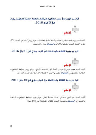‫اٌثبٔ١خ‬ ‫اٌثالث١خ‬ ‫رمط٠ط‬‫ٌسٕخ‬6106
35
‫َؤرخ‬ ١َٛ‫يًحه‬ ١َ‫ايعا‬ ١‫بايهتاب‬ ‫املهًف‬ ١َٛ‫احله‬ ‫ر٥ٝض‬ ٣‫يذ‬ ‫ايٛزٜر‬ َٔ ‫قرار‬
‫يف‬5‫أ‬ٌٜ‫فر‬2116.
‫لإلعالو‬
ٌ‫ألاو‬ ‫الصىف‬ ً‫م‬ ‫هخابت‬ ‫تِـ‬‫ع‬ ‫بمهام‬ ،‫اإلاداؾباث‬ ‫لضاتغة‬ ‫هخابت‬‫مؿدشاع‬ ‫مخصغف‬ ،‫زمير‬ ‫ٍاص‬‫ػ‬ ‫الؿُض‬ ‫ولف‬
‫اب‬‫ؼ‬‫وألاخ‬ ‫اإلادلُت‬‫و‬ ‫الجهوٍت‬ ‫الخىمُت‬ ‫بغغفت‬‫ػيات‬ ‫والج‬‫اإلاداؾباث‬ ‫بضاتغة‬.
‫يف‬ ‫َؤرخ‬ ‫ايرتاث‬ ٢ً‫ع‬ ١‫ٚاحملافع‬ ١‫ايثكاف‬ ٠‫ٚزٜر‬ َٔ ‫قرار‬11ٟ‫َا‬2116.
‫لإلعالو‬
‫ول‬‫اث‬‫غ‬‫الخـاه‬ ‫مصلحت‬ ‫تِـ‬‫ع‬ ‫بمهام‬ ،‫الشلافي‬ ‫للخيشُؽ‬ ٌ‫أو‬ ‫أؾخاط‬ ،‫صي‬‫و‬‫العجغ‬ ‫ظابغ‬ ‫مدمض‬ ‫الؿُض‬ ‫ف‬
‫مم‬ ‫الخيؿُم‬‫و‬ ‫الشلافُت‬‫ػيات‬ ‫الج‬‫بالليروان‬ ‫ار‬‫ر‬‫الح‬ ‫كلى‬ ‫اإلادافـت‬‫و‬ ‫للشلافت‬ ‫الجهوٍت‬ ‫باإلاىضوبُت‬.
‫يف‬ ‫َؤرخ‬ ‫ايرتاث‬ ٢ً‫ع‬ ١‫ٚاحملافع‬ ١‫ايثكاف‬ ٠‫ٚزٜر‬ َٔ ‫قرار‬11ٟ‫َا‬2116
‫لإلعالو‬
‫بض‬ ‫الؿُض‬ ‫ولف‬‫الشلافُت‬ ‫اث‬‫غ‬‫الخـاه‬ ‫مصلحت‬ ‫تِـ‬‫ع‬ ‫بمهام‬ ،‫زلافي‬ ‫جيشُؽ‬ ‫أؾخاط‬ ،‫شلباوي‬ ًً‫الض‬ ‫ع‬
‫مم‬ ‫الخيؿُم‬‫و‬‫ػيات‬ ‫الج‬‫ع‬‫ػ‬‫بخو‬ ‫ار‬‫ر‬‫الح‬ ‫كلى‬ ‫اإلادافـت‬‫و‬ ‫للشلافت‬ ‫الجهوٍت‬ ‫باإلاىضوبُت‬.
 
