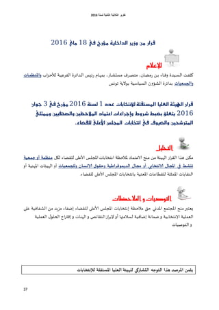 ‫اٌثبٔ١خ‬ ‫اٌثالث١خ‬ ‫رمط٠ط‬‫ٌسٕخ‬6106
37
‫يف‬ ‫َؤرخ‬ ١ًٝ‫ايذاخ‬ ‫ٚزٜر‬ َٔ ‫قرار‬18ٟ‫َا‬2116
‫لإلعالو‬
‫اب‬‫ؼ‬‫غ‬‫غ‬‫خ‬‫لأل‬ ‫غت‬‫غ‬ُ‫الفغك‬ ‫غضاتغة‬‫غ‬‫ل‬‫ا‬ ‫غِـ‬‫ت‬‫ع‬ ‫غام‬‫غ‬‫ه‬‫بم‬ ،‫غاع‬‫غ‬‫ش‬‫مؿد‬ ‫غغف‬‫غ‬‫ص‬‫مخ‬ ،‫غان‬‫ظ‬‫م‬‫ع‬ ً‫غ‬‫غ‬‫ب‬ ‫غاء‬‫غ‬‫ف‬‫و‬ ‫غُضة‬‫غ‬‫ؿ‬‫ال‬ ‫غذ‬‫ف‬‫ول‬‫ات‬ ‫واملنظ‬
‫ػيات‬ ‫والج‬‫جوو‬ ‫بوالًت‬ ‫الؿُاؾُت‬ ‫ن‬‫و‬‫الشئ‬ ‫بضاتغة‬‫ـ‬
‫عذد‬ ‫يالْتخابات‬ ١ً‫املصتك‬ ‫ايعًٝا‬ ١٦ٝ‫اهل‬ ‫قرار‬1١ٓ‫يص‬2116‫يف‬ ‫َؤرخ‬3ٕ‫جٛا‬
2116ًٞ‫ٚممث‬ ‫ٚايصحفٝني‬ ‫املالحعني‬ ‫اعتُاد‬ ‫ٚإجرا٤ات‬ ‫شرٚط‬ ‫بطبط‬ ‫ٜتعًل‬
٤‫يًكطا‬ ٢ً‫األع‬ ‫اجملًض‬ ‫اْتخابات‬ ‫يف‬ ‫ٚايطٝٛف‬ ‫املرتشحني‬.
‫التحليل‬
‫اهخساباث‬ ‫إلاالخـت‬ ‫الاكخماص‬ ‫مىذ‬ ً‫م‬ ‫الهُئت‬ ‫اع‬‫غ‬‫الل‬ ‫هظا‬ ً‫مى‬‫ليل‬ ‫لللظاء‬ ‫ألاكلى‬ ‫اإلاجلـ‬‫ػية‬ ‫ح‬‫ؤو‬ ‫ة‬ ‫منظ‬
‫ػيات‬ ‫وللج‬ ‫إلانسا‬ ‫ق‬‫لى‬ ‫و‬ ‫اظية‬‫ش‬‫ىك‬ ‫الذأ‬ ٌ‫مجا‬ ‫ؤو‬ ‫الانحخابي‬ ٌ‫املجا‬ ‫في‬ ‫ثنشغ‬‫أو‬ ‫اإلاهىُت‬ ‫الهُئاث‬ ‫أو‬
.‫لللظاء‬ ‫ألاكلى‬ ‫اإلاجلـ‬ ‫باهخساباث‬ ‫اإلالىُت‬ ‫لللؼاكاث‬ ‫اإلامشلت‬ ‫الىلاباث‬
‫املالحظات‬ ‫و‬ ‫التوصيات‬
‫مالخ‬ ‫خم‬ ‫اإلاضوي‬ ‫اإلاجخمم‬ ‫مىذ‬‫ٌلخبر‬‫كلى‬ ‫الشفافُت‬ ً‫م‬ ‫مؼٍض‬ ‫اطفاء‬ ‫لللظاء‬ ‫ألاكلى‬ ‫اإلاجلـ‬ ‫اهخساباث‬ ‫ـت‬
‫اللملُت‬ ٌ‫الحلو‬ ‫اح‬‫ر‬‫اكح‬‫و‬ ‫الهىاث‬‫و‬ ‫الىلاتص‬‫اػ‬‫غ‬‫إلب‬‫أو‬ ‫لؿالمتها‬ ‫اطافُت‬ ‫طماهت‬‫و‬ ‫ؤلاهخسابُت‬ ‫اللملُت‬
‫الخوصُاث‬‫و‬
‫لإلنحخادات‬ ‫املسحللة‬ ‫الػليا‬ ‫للهيئة‬ ‫الخشاسوي‬ ‫الحىحه‬ ‫هزا‬ ‫املشصذ‬ ‫ن‬ ‫أث‬
 
