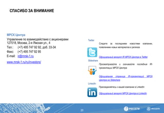 СПАСИБО ЗА ВНИМАНИЕ
20
МРСК Центра
Управление по взаимодействию с акционерами
127018, Москва, 2-я Ямская ул., 4
Тел.: (+7) 495 747 92 92, доб. 33-34
Факс: (+7) 495 747 92 95
E-mail: ir@mrsk-1.ru
www.mrsk-1.ru/ru/investors/
Twitter
Следите за последними новостями компании,
появлением новых материалов и релизов
Официальный аккаунт IR МРСК Центра в Twitter
Slideshare
Просматривайте и скачивайте последние IR-
презентации МРСК Центра
Официальная страница IR-презентаций МРСК
Центра на Slideshare
LinkedIn
Присоединяйтесь к нашей компании в LinkedIn
Официальный аккаунт МРСК Центра в LinkedIn
 