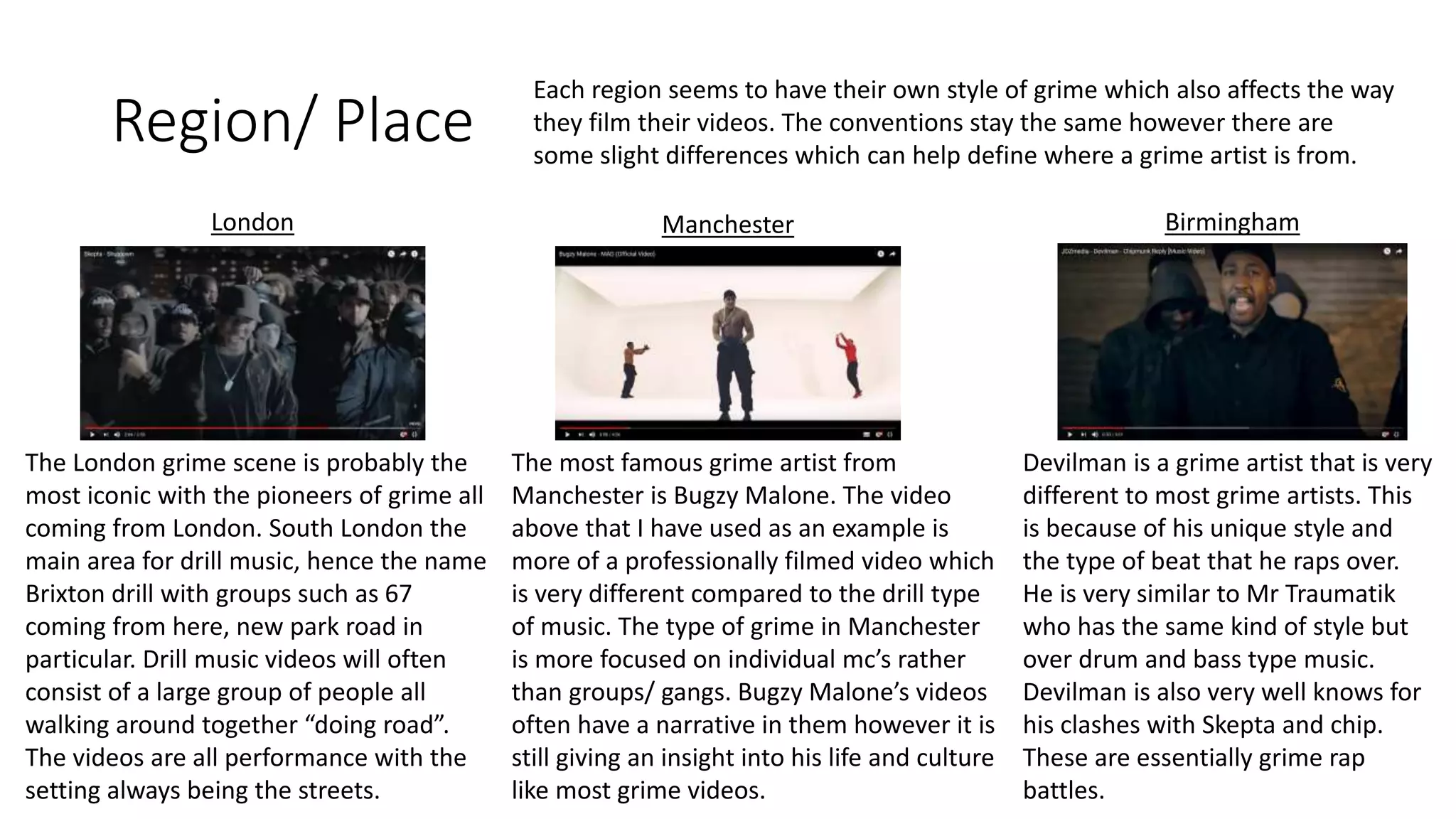 Region/ Place
London Manchester Birmingham
Each region seems to have their own style of grime which also affects the way
they film their videos. The conventions stay the same however there are
some slight differences which can help define where a grime artist is from.
The London grime scene is probably the
most iconic with the pioneers of grime all
coming from London. South London the
main area for drill music, hence the name
Brixton drill with groups such as 67
coming from here, new park road in
particular. Drill music videos will often
consist of a large group of people all
walking around together “doing road”.
The videos are all performance with the
setting always being the streets.
The most famous grime artist from
Manchester is Bugzy Malone. The video
above that I have used as an example is
more of a professionally filmed video which
is very different compared to the drill type
of music. The type of grime in Manchester
is more focused on individual mc’s rather
than groups/ gangs. Bugzy Malone’s videos
often have a narrative in them however it is
still giving an insight into his life and culture
like most grime videos.
Devilman is a grime artist that is very
different to most grime artists. This
is because of his unique style and
the type of beat that he raps over.
He is very similar to Mr Traumatik
who has the same kind of style but
over drum and bass type music.
Devilman is also very well knows for
his clashes with Skepta and chip.
These are essentially grime rap
battles.
 
