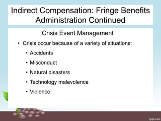 Indirect Compensation: Fringe Benefits
Administration Continued
Crisis Event Management
• Crisis occur because of a variety of situations:
• Accidents
• Misconduct
• Natural disasters
• Technology malevolence
• Violence
 
