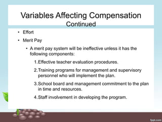 Variables Affecting Compensation
Continued
• Effort
• Merit Pay
• A merit pay system will be ineffective unless it has the
following components:
1.Effective teacher evaluation procedures.
2.Training programs for management and supervisory
personnel who will implement the plan.
3.School board and management commitment to the plan
in time and resources.
4.Staff involvement in developing the program.
 