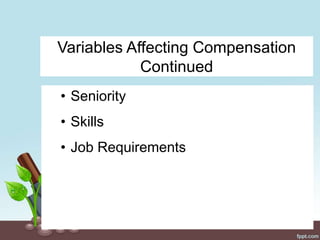 Variables Affecting Compensation
Continued
• Seniority
• Skills
• Job Requirements
 