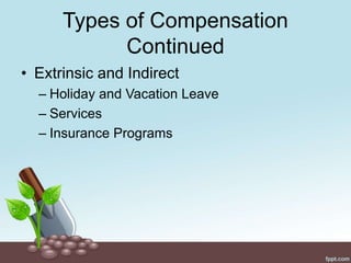 Types of Compensation
Continued
• Extrinsic and Indirect
– Holiday and Vacation Leave
– Services
– Insurance Programs
 