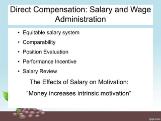 Direct Compensation: Salary and Wage
Administration
• Equitable salary system
• Comparability
• Position Evaluation
• Performance Incentive
• Salary Review
The Effects of Salary on Motivation:
“Money increases intrinsic motivation”
 