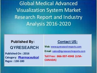 Global Medical Advanced
Visualization System Market
Research Report and Industry
Analysis 2016-2020
Published By:
QYRESEARCH
Published On : 2016
Category: Pharmaceutical
Pages : 130-180
Contact US:
Web: www.qyresearchreports.com
Email: sales@qyresearchreports.com
Toll Free : 866-997-4948 (USA-
CANADA)
 