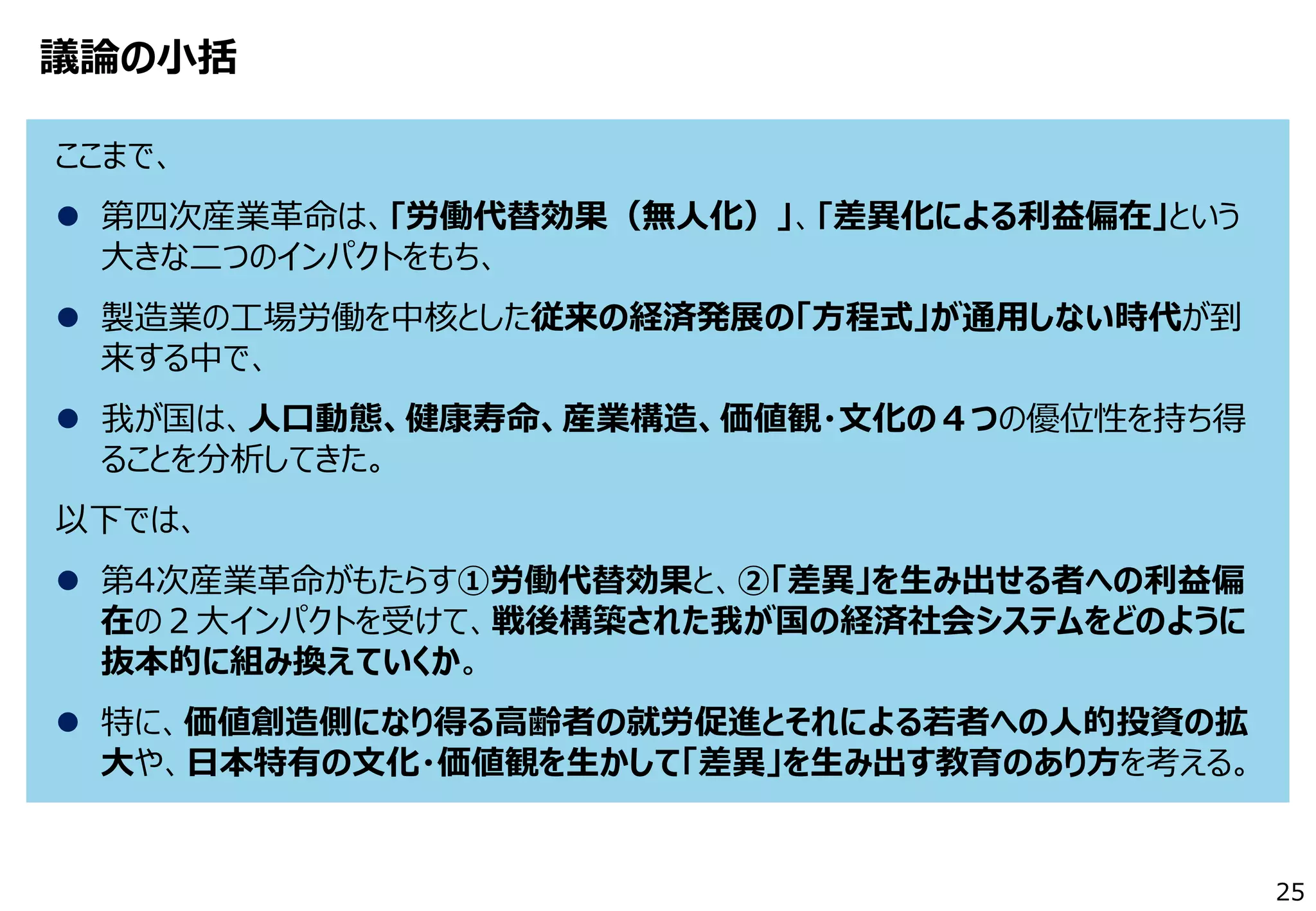 25
議論の小括
ここまで、
 第四次産業革命は、｢労働代替効果（無人化）｣、｢差異化による利益偏在｣という
大きな二つのインパクトをもち、
 製造業の工場労働を中核とした従来の経済発展の「方程式」が通用しない時代が到
来する中で、
 我が国は、人口動態、健康寿命、産業構造、価値観・文化の４つの優位性を持ち得
ることを分析してきた。
以下では、
 第4次産業革命がもたらす①労働代替効果と、②「差異」を生み出せる者への利益偏
在の２大インパクトを受けて、戦後構築された我が国の経済社会システムをどのように
抜本的に組み換えていくか。
 特に、価値創造側になり得る高齢者の就労促進とそれによる若者への人的投資の拡
大や、日本特有の文化・価値観を生かして「差異」を生み出す教育のあり方を考える。
 