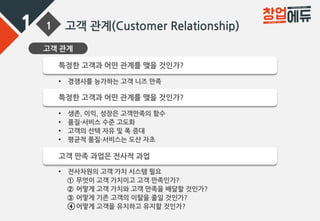 1 1 고객 관계(Customer Relationship)
• 경쟁사를 능가하는 고객 니즈 만족
고객 관계
특정한 고객과 어떤 관계를 맺을 것인가?
• 생존, 이익, 성장은 고객만족의 함수
• 품질·서비스 수준 고도화
• 고객의 선택 자유 및 폭 증대
• 평균적 품질·서비스는 도산 자초
특정한 고객과 어떤 관계를 맺을 것인가?
• 전사차원의 고객 가치 시스템 필요
① 무엇이 고객 가치이고 고객 만족인가?
② 어떻게 고객 가치와 고객 만족을 배달할 것인가?
③ 어떻게 기존 고객의 이탈을 줄일 것인가?
④어떻게 고객을 유치하고 유지할 것인가?
고객 만족 과업은 전사적 과업
 