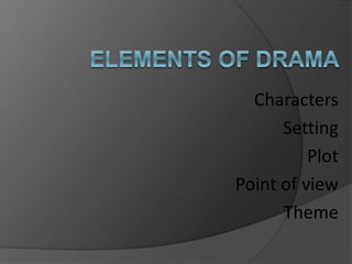 Characters
Setting
Plot
Point of view
Theme
 