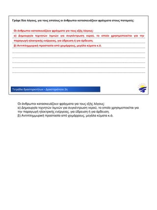 Τετράδιο δραστηριοτήτων - Δραστηριότητα 2η
Γράψε δύο λόγους, για τους οποίους οι άνθρωποι κατασκευάζουν φράγματα στους ποταμούς:
.................................................................................................................................................................................
.................................................................................................................................................................................
.................................................................................................................................................................................
.................................................................................................................................................................................
.................................................................................................................................................................................
.................................................................................................................................................................................
.................................................................................................................................................................................
.................................................................................................................................................................................
.................................................................................................................................................................................
Οι άνθρωποι κατασκευάζουν φράγματα για τους εξής λόγους:
α) Δημιουργία τεχνητών λιμνών για συγκέντρωση νερού, το οποίο χρησιμοποιείται για την
παραγωγή ηλεκτρικής ενέργειας, για ύδρευση ή για άρδευση.
β) Αντιπλημμυρική προστασία από χειμάρρους, μεγάλα κύματα κ.ά.
Οι άνθρωποι κατασκευάζουν φράγματα για τους εξής λόγους:
α) Δημιουργία τεχνητών λιμνών για συγκέντρωση νερού, το οποίο χρησιμοποιείται για
την παραγωγή ηλεκτρικής ενέργειας, για ύδρευση ή για άρδευση.
β) Αντιπλημμυρική προστασία από χειμάρρους, μεγάλα κύματα κ.ά.
 