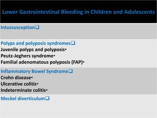 Lower Gastrointestinal Bleeding in Children and Adolescents
Intussusception
Polyps and polyposis syndromes
•Juvenile polyps and polyposis
•Peutz-Jeghers syndrome
•Familial adenomatous polyposis (FAP)
Inflammatory Bowel Syndrome
•Crohn disease
•Ulcerative colitis
•Indeterminate colitis
Meckel diverticulum
 