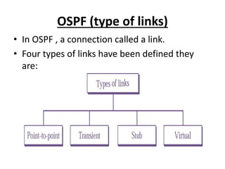 OSPF (type of links)
• In OSPF , a connection called a link.
• Four types of links have been defined they
are:
 