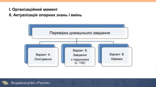 І. Організаційний момент
II. Актуалізація опорних знань і вмінь
 