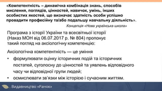 Програма з історії України та всесвітньої історії
(Наказ МОН від 06.07.2017 р. № 804) пропонує
такий погляд на аксіологічну компетенцію:
Аксіологічна компетентність — це уміння
• формулювати оцінку історичних подій та історичних
постатей, суголосну до цінностей та уявлень відповідного
часу чи відповідної групи людей;
• осмислювати зв’язки між історією і сучасним життям.
«Компетентність – динамічна комбінація знань, способів
мислення, поглядів, цінностей, навичок, умінь, інших
особистих якостей, що визначає здатність особи успішно
провадити професійну та/або подальшу навчальну діяльність».
Концепція «Нова українська школа»
 