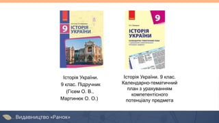 Історія України.
9 клас. Підручник
(Гісем О. В.,
Мартинюк О. О.)
Історія України. 9 клас.
Календарно-тематичний
план з урахуванням
компетентісного
потенціалу предмета
 