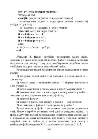 102
for і := 1 to k do begin readln(a);
write(f, a) end;
close(f); {закриття файла для операції запису}
{розв'язування задачі - підрахунок різних елементів}
n:=0; р := 0; z := 0;
{ n - від'ємні, р - додатні, z -нулі} reset(f);
while not eof(f) do begin read(f,a);
if a = 0 then z := z +1;
if a < 0 then n := n + 1;
if a > 0 then p := p + 1;
end;
write('n =', n, 'z=',z, ' p=', p);
end.
Приклад 3. Нехай потрібно розширити даний файл,
додавши до нього нові дані. Як відомо, файл із даними не можна
відкривати для запису, тому для розв'язування подібних задач
необхідно використовувати допоміжний файл.
Розв'язування задачі розширення файла складається з таких
етапів:
1) відкрити даний файл /для читання, а допоміжний д —
для запису;
2) читати дане з вихідного файла / і відразу записувати
його у файл д;
3) після закінчення переписування даних закрити файл /;
4) вводити нові дані з клавіатури і записувати їх у файл д,
додаючи до вже існуючих там даних файла /;
5) закрити файл д;
6) відкрити файл / для запису, а файл д — для читання;
7) читати дані з файла д і записувати їх у файл /.
Таким чином, у файл / до наявних там даних додаються
нові. Якщо потрібно вставити нові дані в середину файла, то
треба в другому пункті розв'язування контролювати зчитані дані
і, дійшовши до місця вставлення, припинити читання, записати
потрібні дані до файла д, а потім дописати туди решту з
вихідного файла (пункти 3 і 4), далі виконати пункти 5, 6, 7.
 