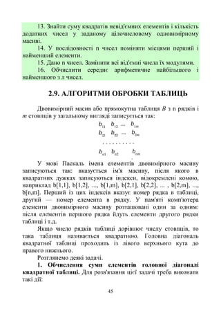 45
13. Знайти суму квадратів невід'ємних елементів і кількість
додатних чисел у заданому цілочисловому одновимірному
масиві.
14. У послідовності n чисел поміняти місцями перший і
найменший елементи.
15. Дано n чисел. Замінити всі від'ємні числа їх модулями.
16. Обчислити середнє арифметичне найбільшого і
найменшого з л чисел.
2.9. АЛГОРИТМИ ОБРОБКИ ТАБЛИЦЬ
Двовимірний масив або прямокутна таблиця В з n рядків і
m стовпців у загальному вигляді записується так:
У мові Паскаль імена елементів двовимірного масиву
записуються так: вказується ім'я масиву, після якого в
квадратних дужках записуються індекси, відокремлені комою,
наприклад b[1,1], b[1,2], ..., b[1,m], b[2,1], b[2,2], ... , b[2,m], ...,
b[n,m]. Перший із цих індексів вказує номер рядка в таблиці,
другий — номер елемента в рядку. У пам'яті комп'ютера
елементи двовимірного масиву розташовані один за одним:
після елементів першого рядка йдуть елементи другого рядки
таблиці і т.д.
Якщо число рядків таблиці дорівнює числу стовпців, то
така таблиця називається квадратною. Головна діагональ
квадратної таблиці проходить із лівого верхнього кута до
правого нижнього.
Розглянемо деякі задачі.
1. Обчислення суми елементів головної діагоналі
квадратної таблиці. Для розв'язання цієї задачі треба виконати
такі дії:
 