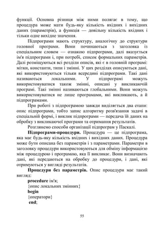 55
функції. Основна різниця між ними полягає в тому, що
процедура може мати будь-яку кількість вхідних і вихідних
даних (параметрів), а функція — довільну кількість вхідних і
тільки одне вихідне значення.
Підпрограми мають структуру, аналогічну до структури
головної програми. Вони починаються з заголовка із
спеціальним словом — ознакою підпрограми, далі вказується
ім'я підпрограми і, при потребі, список формальних параметрів.
Далі розміщуються всі розділи описів, які є в головній програмі:
мітки, константи, типи і змінні. У цих розділах описуються дані,
які використовуються тільки всередині підпрограми. Такі дані
називаються локальними. У підпрограмі можуть
використовуватися також змінні, описані у викликаючій
програмі. Такі змінні називаються глобальними. Вони можуть
використовуватися не лише програмами, які викликають, а й
підпрограмами.
При роботі з підпрограмою завжди виділяється два етапи:
опис підпрограми, тобто запис алгоритму розв'язання задачі в
спеціальній формі, і виклик підпрограми — передача їй даних на
обробку з викликаючої програми та отримання результатів.
Розглянемо способи організації підпрограм у Паскалі.
Підпрограми-процедури. Процедура — це підпрограма,
яка має будь-яку кількість вхідних і вихідних даних. Процедура
може бути описана без параметрів і з параметрами. Параметри в
заголовку процедури використовуються для обміну інформацією
між процедурою і програмою, яка її викликає. Вони визначають
дані, які передаються на обробку до процедури, і дані, які
отримуються у вигляді результатів.
Процедури без параметрів. Опис процедури має такий
вигляд:
procedure ім'я;
{опис локальних змінних}
begin
{оператори}
end;
 