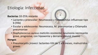 Etiología: Infecciosas
Bacterias 10-25% restante
• Lactante y preescolar: Neumococo y Haemophilus influenzae tipo
b (Hib)
• Escolar y adolescente: Neumococo, M. pneumoniae y Chlamydia
pneumoniae
• Staphylococcus aureus meticilin-resistente: neumonía necrosante
grave, progresiva, con hipoxemia y derrame pleural masivo
Hongos
• Pneumocystis jiroveci: lactantes-VIH de 1 a 6 meses, malnutridos
graves
 