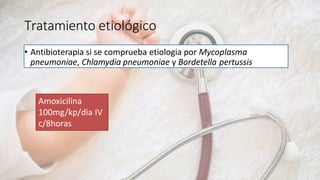 Tratamiento etiológico
• Antibioterapia si se comprueba etiologia por Mycoplasma
pneumoniae, Chlamydia pneumoniae y Bordetella pertussis
Amoxicilina
100mg/kp/dia IV
c/8horas
 