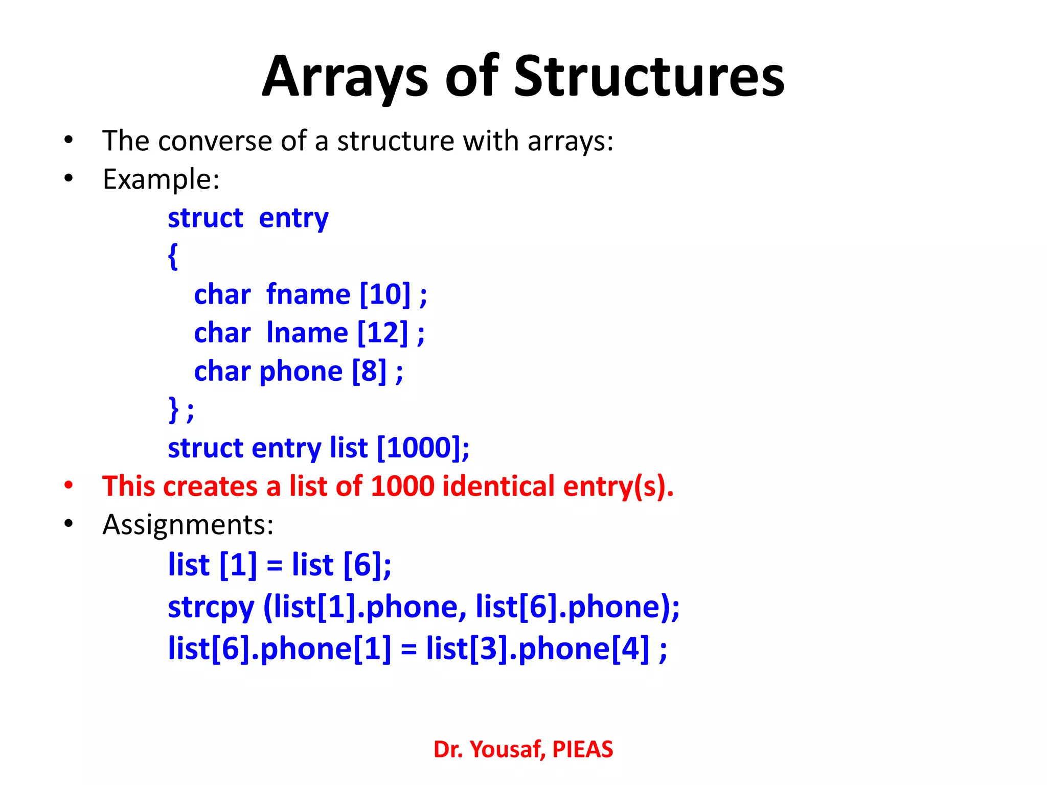Arrays of Structures
• The converse of a structure with arrays:
• Example:
struct entry
{
char fname [10] ;
char lname [12] ;
char phone [8] ;
} ;
struct entry list [1000];
• This creates a list of 1000 identical entry(s).
• Assignments:
list [1] = list [6];
strcpy (list[1].phone, list[6].phone);
list[6].phone[1] = list[3].phone[4] ;
Dr. Yousaf, PIEAS
 