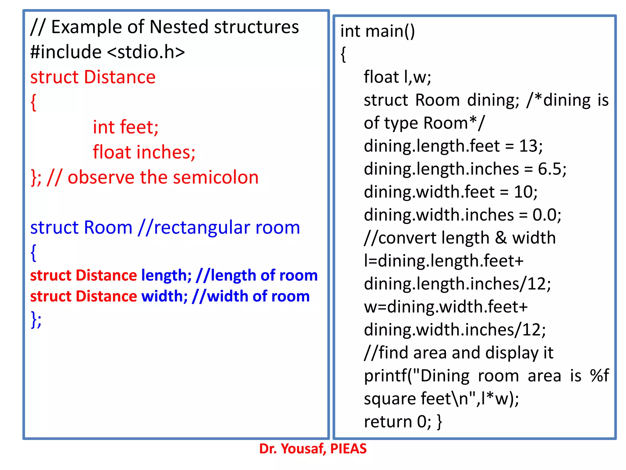 // Example of Nested structures
#include <stdio.h>
struct Distance
{
int feet;
float inches;
}; // observe the semicolon
struct Room //rectangular room
{
struct Distance length; //length of room
struct Distance width; //width of room
};
int main()
{
float l,w;
struct Room dining; /*dining is
of type Room*/
dining.length.feet = 13;
dining.length.inches = 6.5;
dining.width.feet = 10;
dining.width.inches = 0.0;
//convert length & width
l=dining.length.feet+
dining.length.inches/12;
w=dining.width.feet+
dining.width.inches/12;
//find area and display it
printf("Dining room area is %f
square feetn",l*w);
return 0; }
Dr. Yousaf, PIEAS
 