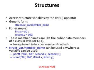 • Access structure variables by the dot (.) operator
• Generic form:
structure_var.member_name
• For example:
first.x = 50 ;
second.y = 100;
• These member names are like the public data members
of a class in Java (or C++).
– No equivalent to function members/methods.
• struct_var.member_name can be used anywhere a
variable can be used:
– printf ("%d , %d", second.x , second.y );
– scanf("%d, %d", &first.x, &first.y);
Dr. Yousaf, PIEAS
Structures
 