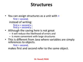 • You can assign structures as a unit with =
first = second;
instead of writing:
first.x = second.x ;
first.y = second.y ;
• Although the saving here is not great
– It will reduce the likelihood of errors and
– Is more convenient with large structures
• This is different from Java where variables are simply
references to objects.
first = second;
makes first and second refer to the same object.
Dr. Yousaf, PIEAS
Structures
 