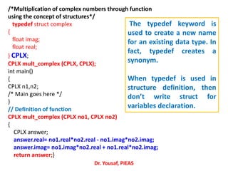 /*Multiplication of complex numbers through function
using the concept of structures*/
typedef struct complex
{
float imag;
float real;
} CPLX;
CPLX mult_complex (CPLX, CPLX);
int main()
{
CPLX n1,n2;
/* Main goes here */
}
// Definition of function
CPLX mult_complex (CPLX no1, CPLX no2)
{
CPLX answer;
answer.real= no1.real*no2.real - no1.imag*no2.imag;
answer.imag= no1.imag*no2.real + no1.real*no2.imag;
return answer;}
Dr. Yousaf, PIEAS
The typedef keyword is
used to create a new name
for an existing data type. In
fact, typedef creates a
synonym.
When typedef is used in
structure definition, then
don’t write struct for
variables declaration.
 