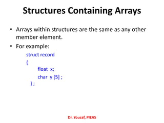 Structures Containing Arrays
• Arrays within structures are the same as any other
member element.
• For example:
struct record
{
float x;
char y [5] ;
} ;
Dr. Yousaf, PIEAS
 