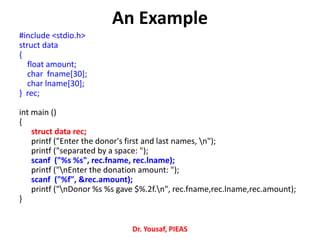 An Example
#include <stdio.h>
struct data
{
float amount;
char fname[30];
char lname[30];
} rec;
int main ()
{
struct data rec;
printf ("Enter the donor's first and last names, n");
printf ("separated by a space: ");
scanf ("%s %s", rec.fname, rec.lname);
printf ("nEnter the donation amount: ");
scanf ("%f", &rec.amount);
printf ("nDonor %s %s gave $%.2f.n", rec.fname,rec.lname,rec.amount);
}
Dr. Yousaf, PIEAS
 