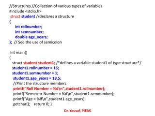 //Structures //Collection of various types of variables
#include <stdio.h>
struct student //declares a structure
{
int rollnumber;
int semnumber;
double age_years;
}; // See the use of semicolon
int main()
{
struct student student1; /*defines a variable student1 of type structure*/
student1.rollnumber = 15;
student1.semnumber = 1;
student1.age_years = 18.5;
//Print the structure members
printf("Roll Nomber = %dn",student1.rollnumber);
printf("Semesetr Number = %dn",student1.semnumber);
printf("Age = %lfn",student1.age_years);
getchar(); return 0; }
Dr. Yousaf, PIEAS
 