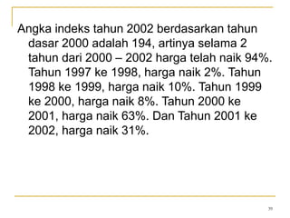 39
Angka indeks tahun 2002 berdasarkan tahun
dasar 2000 adalah 194, artinya selama 2
tahun dari 2000 – 2002 harga telah naik 94%.
Tahun 1997 ke 1998, harga naik 2%. Tahun
1998 ke 1999, harga naik 10%. Tahun 1999
ke 2000, harga naik 8%. Tahun 2000 ke
2001, harga naik 63%. Dan Tahun 2001 ke
2002, harga naik 31%.
 