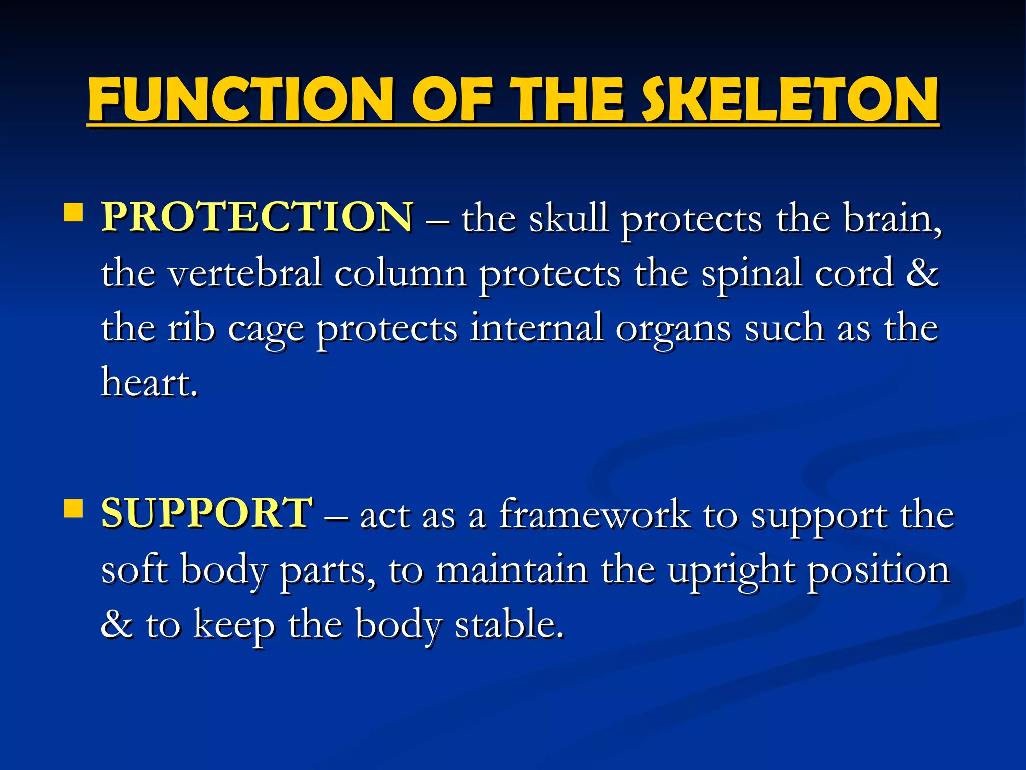 FUNCTION OF THE SKELETON
   PROTECTION – the skull protects the brain,
    the vertebral column protects the spinal cord &
    the rib cage protects internal organs such as the
    heart.

   SUPPORT – act as a framework to support the
    soft body parts, to maintain the upright position
    & to keep the body stable.
 