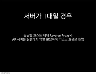 서버가 1대일 경우

                     동일한 호스트 내에 Reverse Proxy와
                AP 서버를 실행해서 역할 분담하여 리소스 효율을 높임




13년 4월 7일 일요일
 