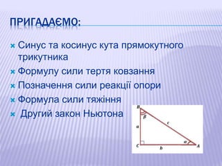 ПРИГАДАЄМО:
 Синус та косинус кута прямокутного
трикутника
 Формулу сили тертя ковзання
 Позначення сили реакції опори
...