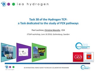 AN INTERNATIONAL ENERGY AGENCY TECHNOLOGY COLLABORATION PROGRAMME
Task 38 of the Hydrogen TCP:
a Task dedicated to the study of P2X pathways
Paul Lucchese, Christine Mansilla - CEA
ETSAP workshop, June 18 2018, Gothenburg, Sweden
 