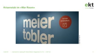 Krisenstab im «War Room»
16.06.2021 | Alarmstufe Rot: Cyberangriff!. Referat Referat A. Baggenstos & Co. AG | © EKT AG 11
Quelle:
Meier
Tobler
AG
 