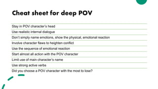 Cheat sheet for deep POV
Stay in POV character’s head
Use realistic internal dialogue
Don’t simply name emotions, show the physical, emotional reaction
Involve character flaws to heighten conflict
Use the sequence of emotional reaction
Start almost all action with the POV character
Limit use of main character’s name
Use strong active verbs
Did you choose a POV character with the most to lose?
 
