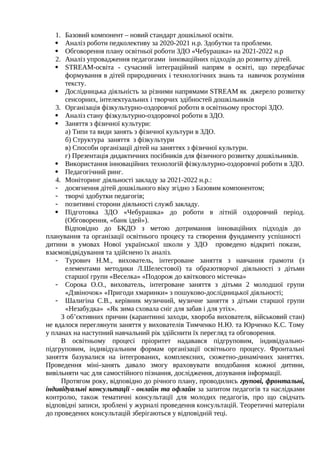 1. Базовий компонент – новий стандарт дошкільної освіти.
 Аналіз роботи педколективу за 2020-2021 н.р. Здобутки та проблеми.
 Обговорення плану освітньої роботи ЗДО «Чебурашка» на 2021-2022 н.р
2. Аналіз упровадження педагогами інноваційних підходів до розвитку дітей.
 STREAM-освіта - сучасний інтеграційний напрям в освіті, що передбачає
формування в дітей природничих і технологічних знань та навичок розуміння
тексту.
 Дослідницька діяльність за різними напрямами STREAM як джерело розвитку
сенсорних, інтелектуальних і творчих здібностей дошкільників
3. Організація фізкультурно-оздоровчої роботи в освітньому просторі ЗДО.
 Аналіз стану фізкультурно-оздоровчої роботи в ЗДО.
 Заняття з фізичної культури:
а) Типи та види занять з фізичної культури в ЗДО.
б) Структура заняття з фізкультури
в) Способи організації дітей на заняттях з фізичної культури.
г) Презентація дидактичних посібників для фізичного розвитку дошкільників.
 Використання інноваційних технологій фізкультурно-оздоровчої роботи в ЗДО.
 Педагогічний ринг.
4. Моніторинг діяльності закладу за 2021-2022 н.р.:
 досягнення дітей дошкільного віку згідно з Базовим компонентом;
 творчі здобутки педагогів;
 позитивні сторони діяльності служб закладу.
 Підготовка ЗДО «Чебурашка» до роботи в літній оздоровчий період.
(Обговорення, «банк ідей»).
Відповідно до БКДО з метою дотримання інноваційних підходів до
планування та організації освітнього процесу та створення фундаменту успішності
дитини в умовах Нової української школи у ЗДО проведено відкриті покази,
взаємовідвідування та здійснено їх аналіз.
 Турович Н.М., вихователь, інтегроване заняття з навчання грамоти (з
елементами методики Л.Шелестової) та образотворчої діяльності з дітьми
старшої групи «Веселка» «Подорож до квіткового містечка»
 Сорока О.О., вихователь, інтегроване заняття з дітьми 2 молодшої групи
«Дзвіночок» «Пригоди хмаринки» з пошуково-дослідницької діяльності;
 Шалигіна С.В., керівник музичний, музичне заняття з дітьми старшої групи
«Незабудка» «Як зима сховала сніг для забав і для утіх».
З об’єктивних причин (карантинні заходи, хвороба вихователя, військовий стан)
не вдалося переглянути заняття у вихователів Тимченко Н.Ю. та Юрченко К.С. Тому
у планах на наступний навчальний рік здійснити їх перегляд та обговорення.
В освітньому процесі пріоритет надавався підгруповим, індивідуально-
підгруповим, індивідуальним формам організації освітнього процесу. Фронтальні
заняття базувалися на інтегрованих, комплексних, сюжетно-динамічних заняттях.
Проведення міні-занять давало змогу враховувати вподобання кожної дитини,
вивільняти час для самостійного пізнання, дослідження, дозування інформації.
Протягом року, відповідно до річного плану, проводились групові, фронтальні,
індивідуальні консультації - онлайн та офлайн за запитом педагогів та наслідками
контролю, також тематичні консультації для молодих педагогів, про що свідчать
відповідні записи, зроблені у журналі проведення консультацій. Теоретичні матеріали
до проведених консультацій зберігаються у відповідній теці.
 